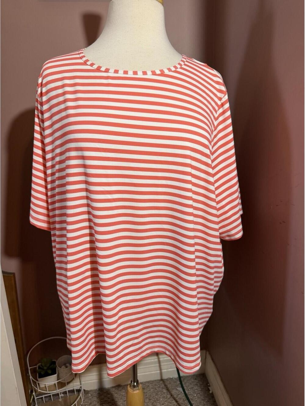 Lands End Performance Stretch Stripe Top Coral White Plus Size 3X 24W-26W